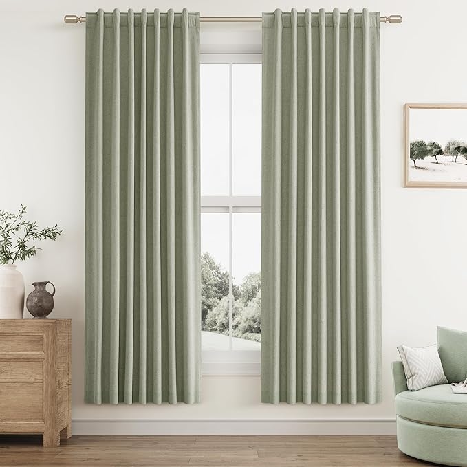 Sage Green 100% Blackout Linen Curtains 72 Inch Length 2 Panels Set for Living Room Bedroom Back Tab Thermal Insulated Black Out Drapes Room Darkening Farmhouse Window Curtains 72 Inches Long
