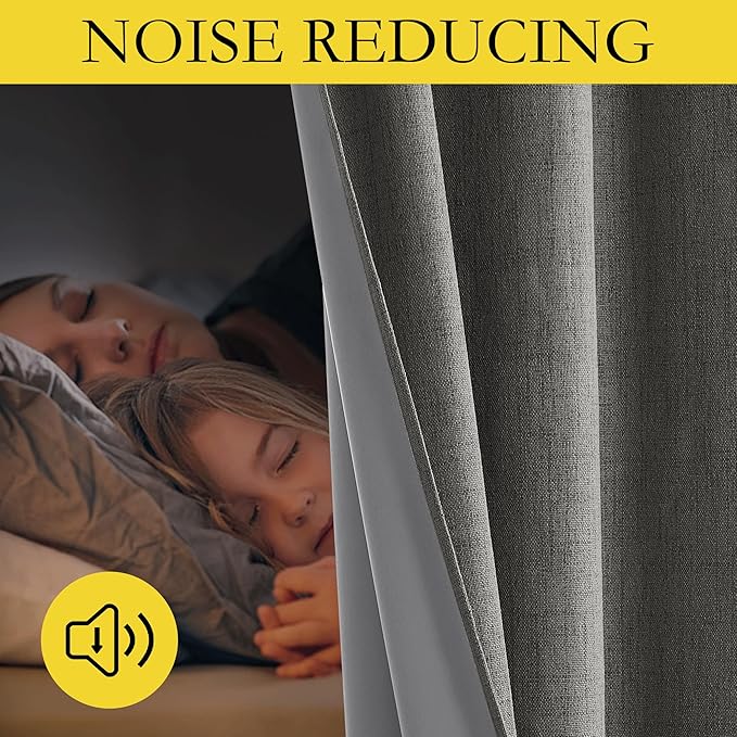 NICETOWN Grizzle Gray Vintage Linen 100% Blackout Curtains for Playroom, Thermal Insulated Curtains 72" Long, Noise Reducing Window Treatment Drapes for Laundry Room, 62" Wide Per Panel, Set of 2