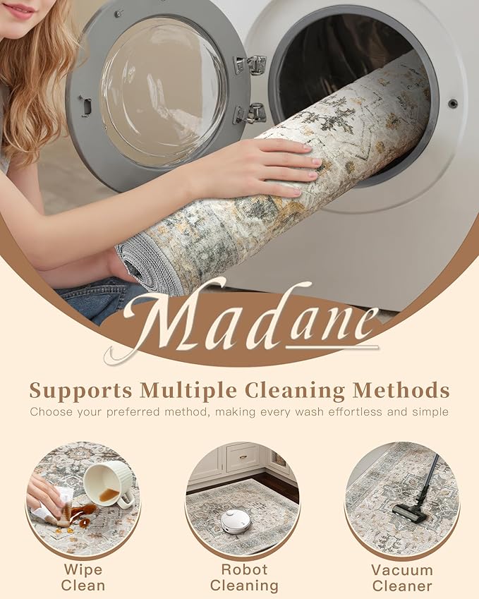 Madane Hallway Runner Rug 2x12, Long Washable Runner Rugs 12ft with Rubber Backing, Non Slip Carpet Runner, Vintage Rug Runners for Kitchen Laundry Room Entryway (Light Taupe Brown, 2'x12')