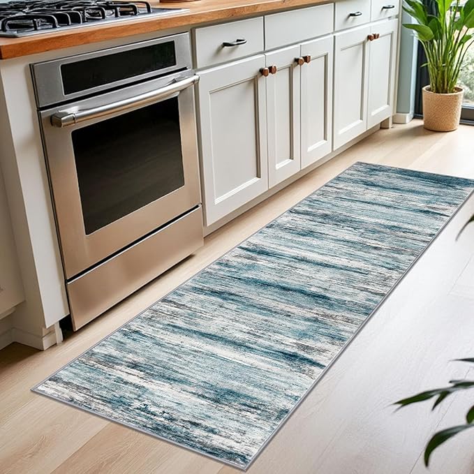 KOZYFLY Modern Abstract Runner Rug, 2x7 Kitchen Rugs Non-Slip Washable Soft Striped Runners for Hallways, Print Blue Carpet Runner for Entryway Bathroom Laundry Room Foyer