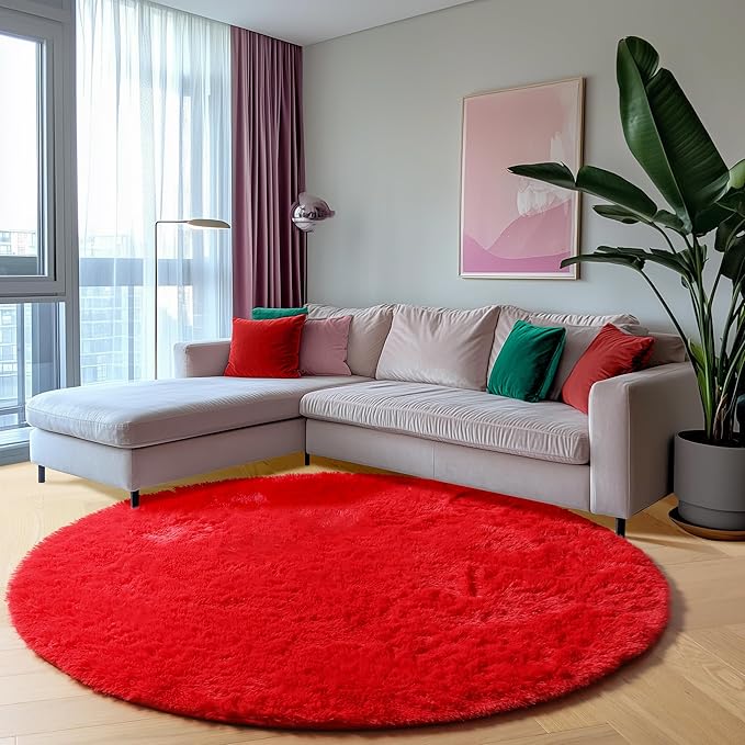 ONASAR Red Round Rugs 5ft for Bedroom Living Room, Fluffy Circle Area Rug for Kids Girls Boys Teen, Soft Plush Shaggy Carpet for Nursery Dorm Classroom Playroom Home Decor Aesthetic