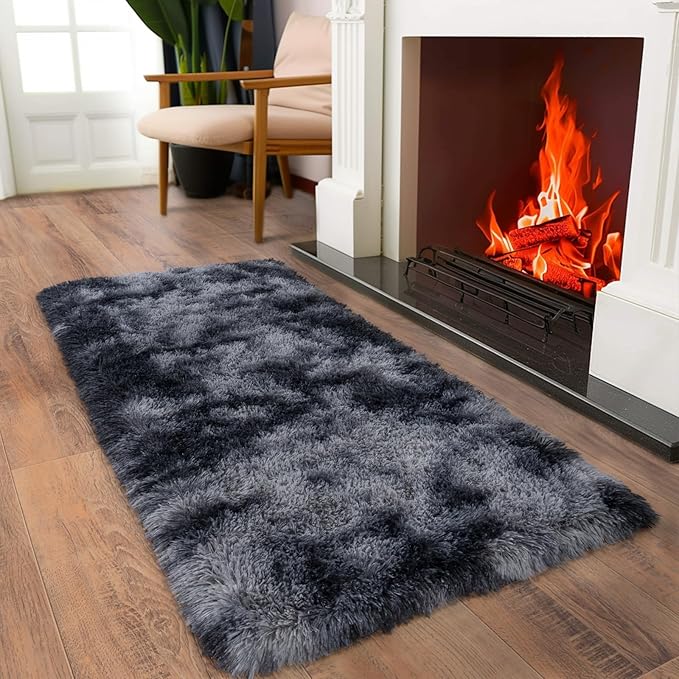 Ultra Soft Runner Rugs for Bedroom Hallways with Upgraded Non-Slip Rubber Backing & Thick Memory Sponge, 2x4 Feet Fluffy Shag Throw Area Rug for Bedside Dorm Tie-dye Dark Grey