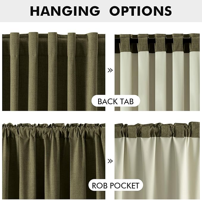 MIULEE 100% Blackout Linen Curtains for Bedroom, Light Olive Green Solid Luxury Decor Thermal Insulation Room Darkening Drapes for Living Room Nursery Back Tab Rod Pocket 42 x 63 Inches, 2 Panels