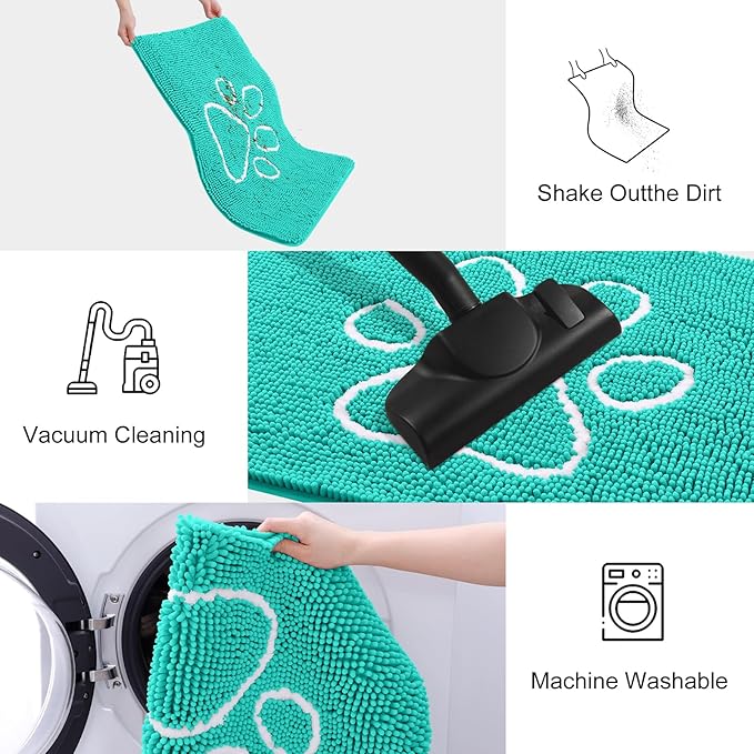 Smiry Dog Door Mat for Muddy Paws, Absorbent Dirt Trapper Non Slip Quick Dry Washable Chenille Mat for Mud Dogs, Entry Rug for Indoor and Outdoor (40x32 Inches, Turquoise and White)