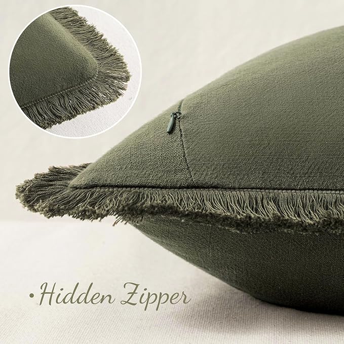 MIULEE Decorative Throw Pillow Covers Neutral Linen Fringe Throw Pillows Euro Shams Set of 2 Olive Green Boho Farmhouse Cushion Covers for Couch Sofa Bed Living Room Spring Home Decor 28x28 Inch