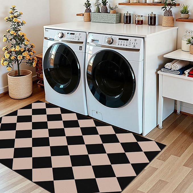 Black Tan Checkered Entry Rug - 3x5 Ft Non-Slip Washable Indoor Outdoor Front Door Mat Porch Rug Geometric Diamond Throw Carpet for Living Room Bedroom Entryway Kitchen Office Porch Decor