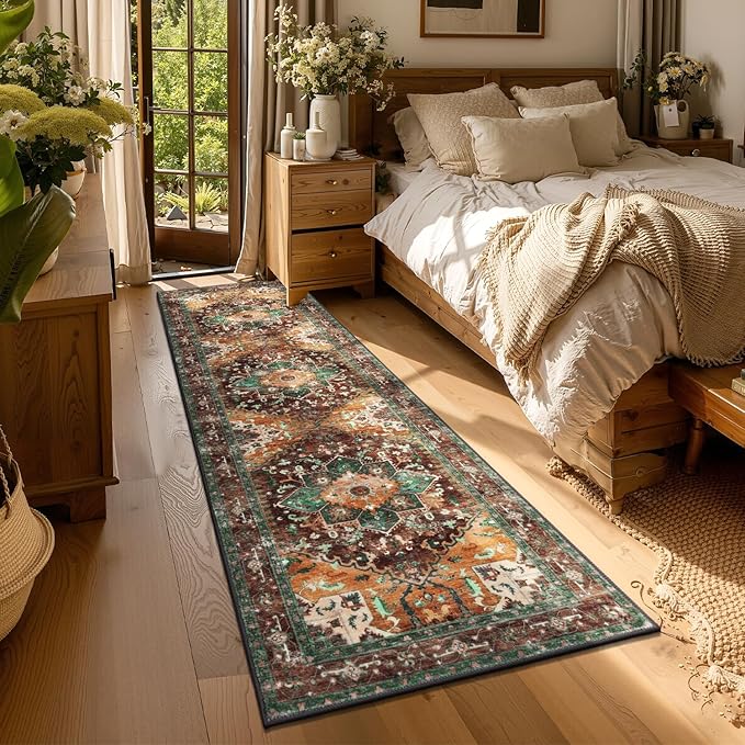 Yamaziot Washable Runner Rug, 2x7 Non-Slip Boho Vintage Hallway Rug Runner with Rubber Backing, Stain Resistant Distressed Carpet Runner for Bedroom, Kitchen, Laundry, Entrance