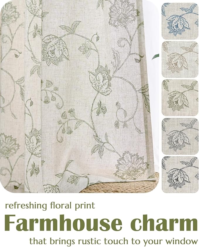 jinchan Linen Curtains Floral Curtain 84 Inch Length for Living Room Bedroom Light Filtering Rod Pocket Back Tab Jacobean Curtains Flax Linen Texture Window Drapes Set 2 Panels Green on Linen