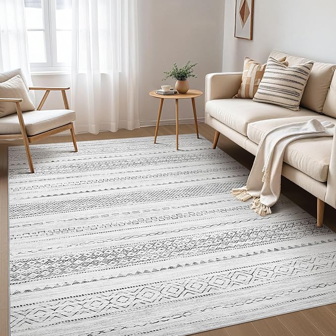Nakagishi Area Rug Living Room Rugs: 4X6 Machine Washable Boho Large Neutral Farmhouse Stain Resistant Moroccan Indoor Floor Carpet for Bedroom Nursery Dorm Dining Room Home-Color Gray