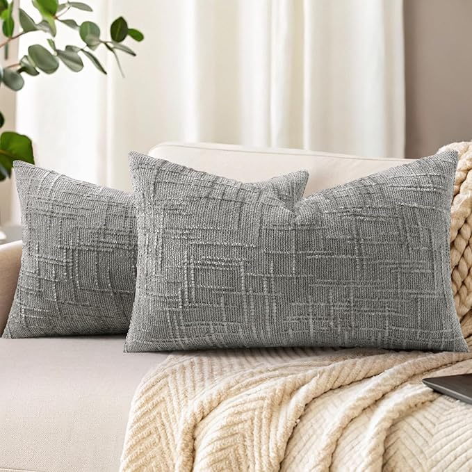 decorUhome Neutral Grey Chenille Throw Pillow Covers 12x20 Set of 2 Textured Soft Cozy Slubby Couch Pillow Covers Modern Farmhouse Boho Decorative Pillow Cases for Bed Sofa Living Room