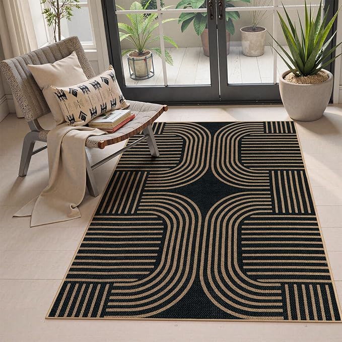 Lahome Enfys Modern Geometric Outdoor Easy Jute Rug, 3x5 Indoor Outdoor Rugs for Entryway Black Living Room Carpet, Farmhouse Washable Non Slip Carpet for Patio Courtyard Bedroom