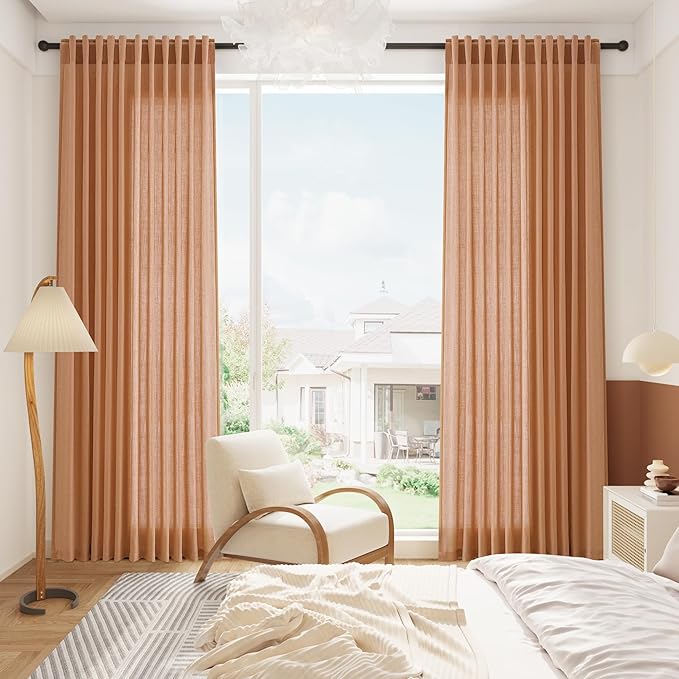 Nanspring Peach Quartz Linen Curtains 120 Inch Length 2 Panel Set Back Tab Loop Pocket Light Filtering Semi Sheer Boho Decor Curtains Extra Long for High Ceiling Living Room and Large Window 52x120