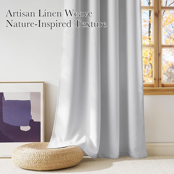 NICETOWN Greyish White Faux Linen Room Darkening Rod Pocket Curtains 63 inch Length, W42 x L63, Light Blocking Thermal Insulated Noise Reducing Drapes for Bedroom Living Room Farmhouse Decor, 2 Panels