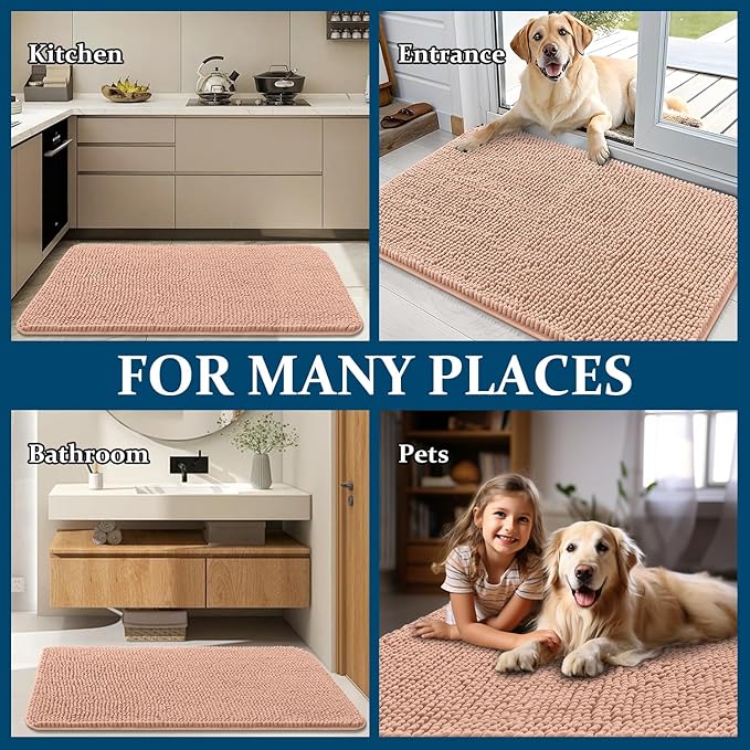 OLANLY Dog Door Mat for Muddy Paws 50x30, Absorbs Moisture and Dirt, Absorbent Non-Slip Washable Doormat, Quick Dry Chenille Mud Mat for Dogs, Entry Indoor Entryway Carpet for Inside Floor, Peach