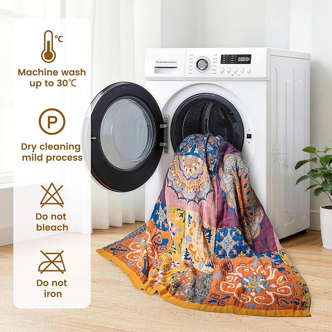 MSGKV Boho Throw Blanket for Bed 90"x108" 100% Cotton Blanket Spring Breathable Lightweight King Size Blankets Home Decor Muslin All Seasons