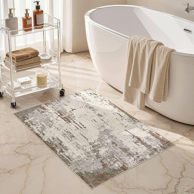 UERMEI 2x3 Entryway Area Rug: Washable Neutral Modern Abstract Small Rug - Non-Slip Low Pile Throw Indoor Carpet for Entrance Kitchen Front Door Mat Bathroom Entry Kids Room - Brown/Grey/Beige