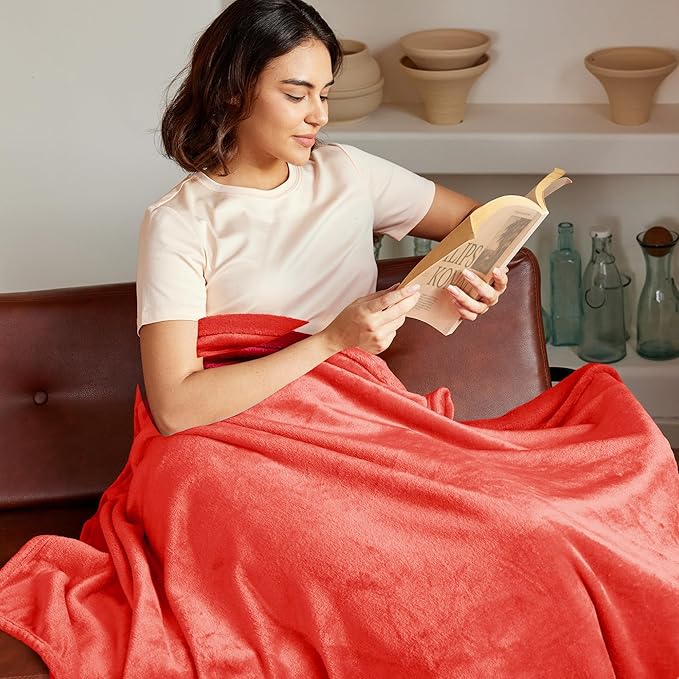 Exclusivo Mezcla Fleece Throw XL Blanket for Couch, Sofa, Super Soft and Warm Coral Orange Blankets, All Season, Cozy, Plush, Lightweight, 50x70 Inches