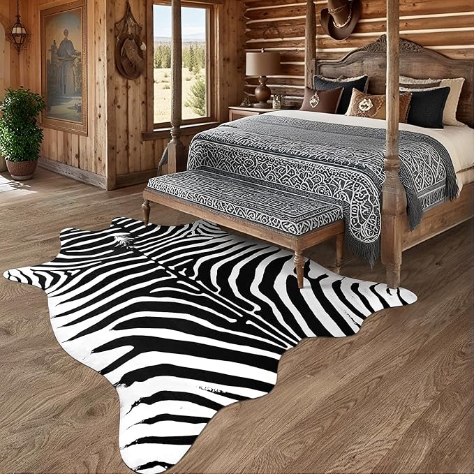 AROGAN Premium Faux Zebra Hide Rug 5.2 x 6.2 Feet, Sturdy and Large Size Bear Print Rugs, Suitable for Bedroom Living Room Western Decor, Faux Fur Animal Carpet, Black and White