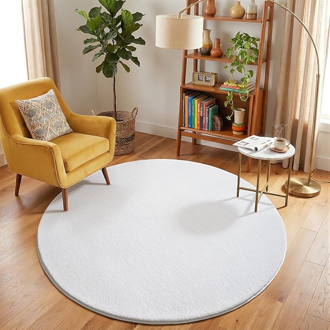 Amearea White Round Area Rugs 5ft Washable Circle Rugs for Bedroom Living Room, Fluffy Indoor Thickened Memory Foam Rug, Non Slip Minimalist Circular Carpet for Kids Boys Girls Dorm Nursery Room Decor