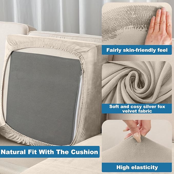 Couch Cover 4-Piece Elastic Velvet Couch Cushion Covers & Chaise Slipcovers for L-Shaped Sofas - Sofa Seat Covers Washable, Soft Protector for Couches (3 Seater + Chaise, Taupe)