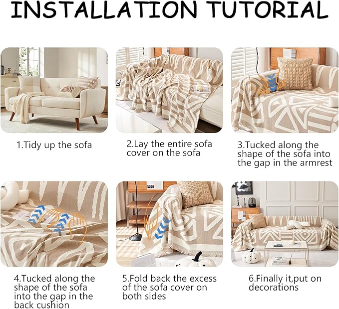 HANDONTIME Sofa Covers for Sectional Sofa Boho Couch Cover for Dogs Khaki Throw Couch Cover with Tassel Loveseat Covers Futon Cover L Shaped Cover Washable Chenille Couch Protector, 91" X150"