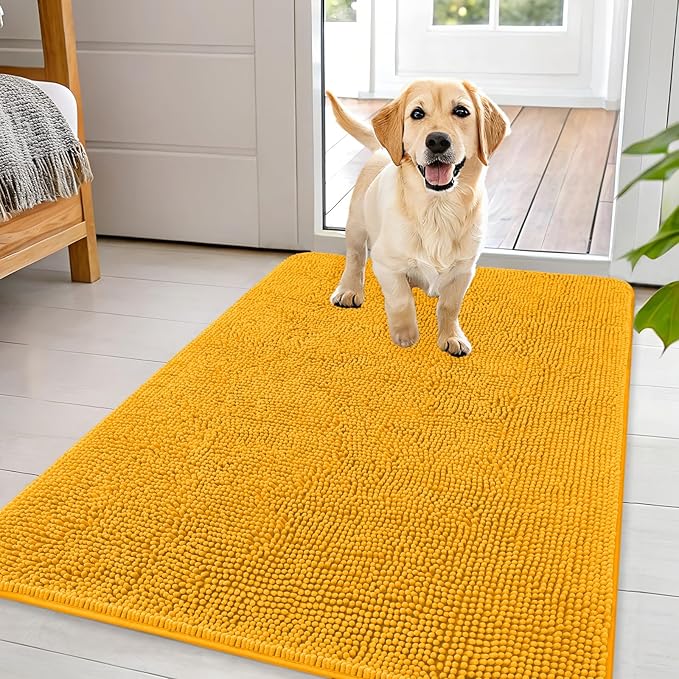 OLANLY Dog Door Mat for Muddy Paws 44x32, Absorbs Moisture and Dirt, Absorbent Non-Slip Washable Doormat, Quick Dry Chenille Mud Mat, Entry Indoor Entryway Carpet for Inside Floor, Golden Yellow