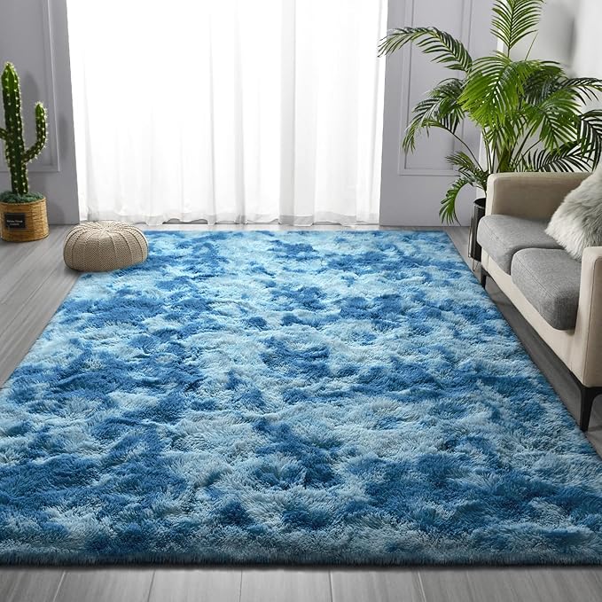 Deerhoo Large Shag Area Rugs 6 x 9, Tie-Dyed Plush Fuzzy Rugs for Living Room, Ultra Soft Fluffy Furry Rug for Bedroom, Indoor Carpet Nursery Rugs for Kids Room Home Decor, Bright Blue