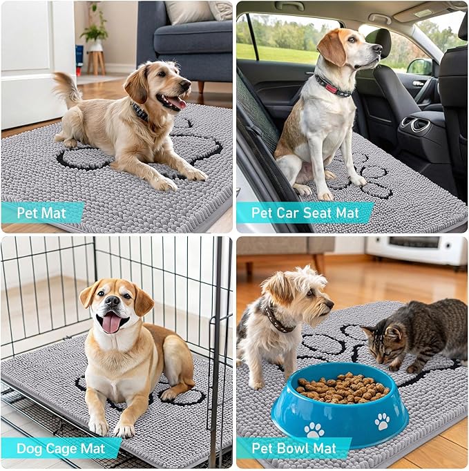 OLANLY Dog Door Mat for Muddy Paws 48x30, Paw Print Design, Absorbs Moisture and Dirt, Non-Slip Washable Doormat, Quick Dry Chenille Mud Mat for Dogs, Entry Indoor Entryway Carpet, Light Grey