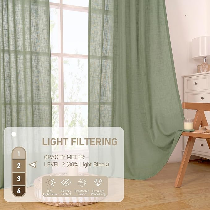 LAMIT Sage Green Semi Sheer Window Linen Curtains, 54 Inch Length Light Filtering Panels Back Tab and Rod Pocket Neutral Drapes for Bedroom/Living Room, 2 Panels, 34 x 54 Inch