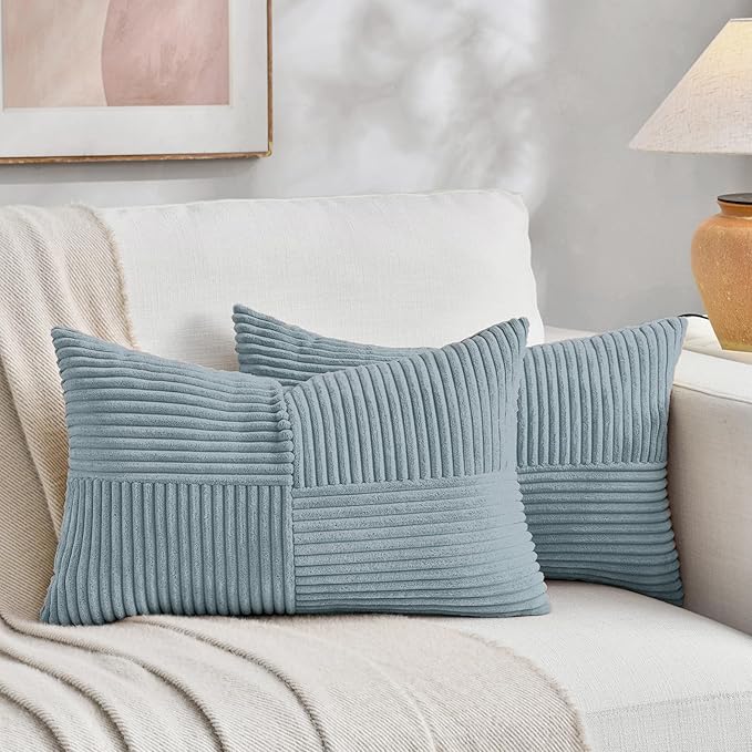 Fancy Homi 2 Packs Light Blue Lumbar Decorative Throw Pillow Covers 16x26 Inch for Living Room Couch Bed, Rustic Farmhouse Boho Home Decor, Soft Striped Corduroy Rectangle Accent Cushion Case 65x40 cm
