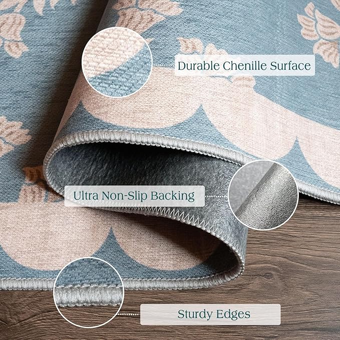 Front Door Mat Outside Entrance - 2x3 Floral Non-Slip Washable Doormat Indoor Outdoor Mat Blue Retro Farmhouse Scalloped Entry Rug Small Throw Rugs for Entryway Kitchen Front Porch Decor