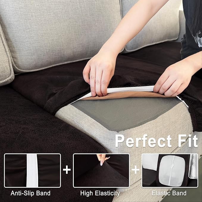 Leather Look Couch Cushion Covers Sofa Seat Slipcovers Sets Couches Furniture Protector for Sectional Armchair Loveseat Pets Kids Stretch Spandex Fabric (1 Cushion Armchair, Chocolate)