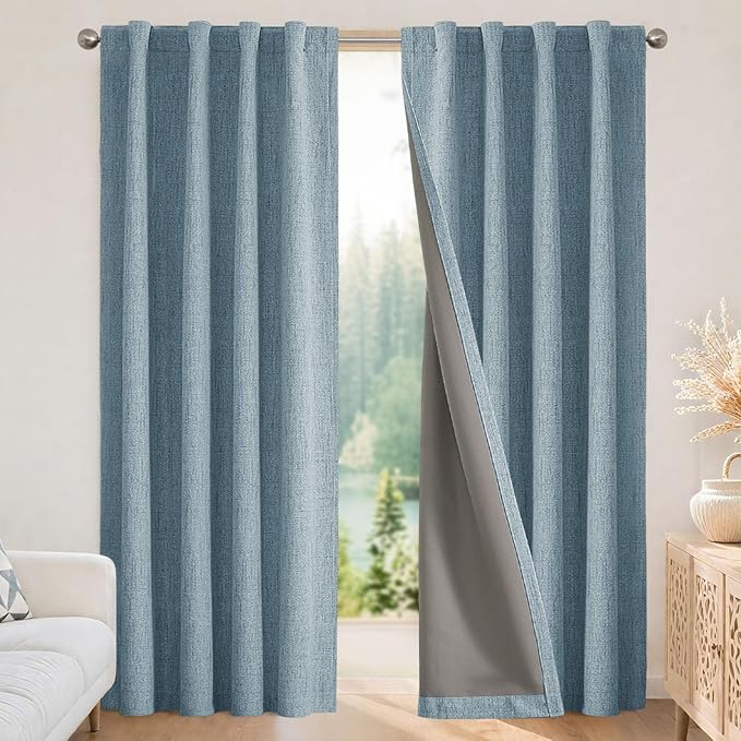 Joydeco Blackout Curtains for Bedroom - 100% Light Blocking 2 Panels Sky Blue Drapes 66" W x 84" L, Thermal Insulated Room Darkening Curtains, Linen Textured for Living Room, Rod Pocket & Back Tabs