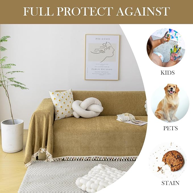 HANDONTIME Couch Covers for Pets Boho Mustard Yellow Love Seat Couch Covers Brown Sofa Cover for Dogs Pet Couch Protector Chenille Tassel Sofa Slipcovers Sofa Throw Cover Boho Decor, 71" X134"