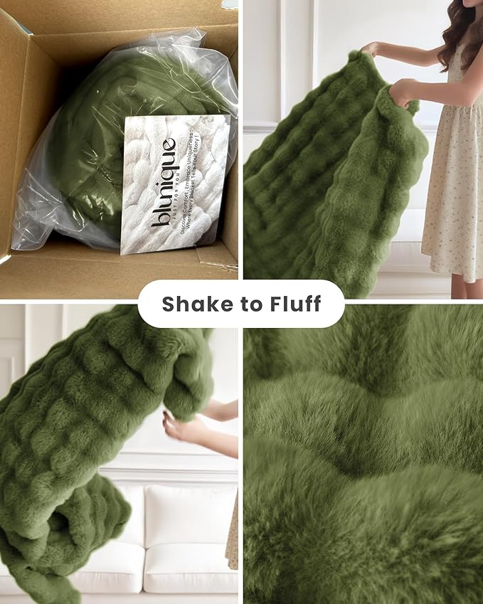 Ultra Soft Cozy Faux Fur Throw Blanket, Fuzzy Plush Thick Bubble Blanket, Oversize Luxury Fluffy Blanket for Couch, Sofa, Bedroom, and Living Room,50x60 Inches,Green