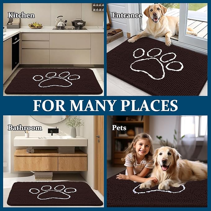 OLANLY Dog Door Mat for Muddy Paws 47x17, Paw Print Design, Absorbs Moisture and Dirt, Absorbent Non-Slip Washable Doormat, Quick Dry Chenille Mud Mat for Dogs, Entry Indoor Entryway Carpet, Brown