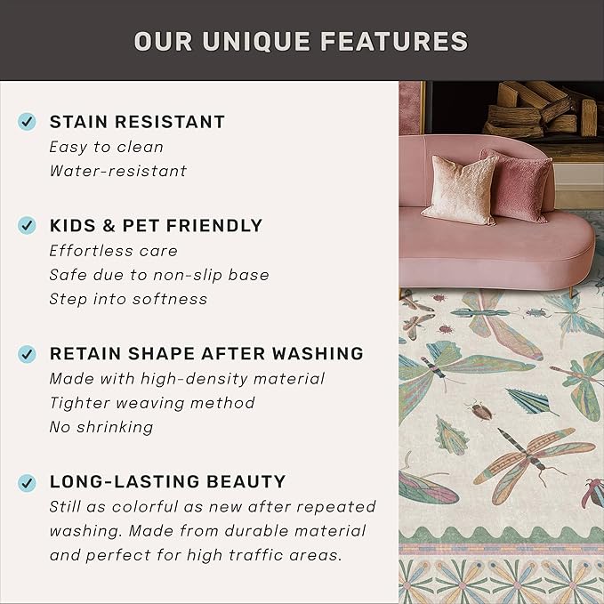 Green and Blue Rugs for Bedroom - Washable 6x8 Area Rug for Living Room, Dining Room, Non Slip Fun Insect Cute Kid Room Carpet, Stain Resistant Low Pile & Soft