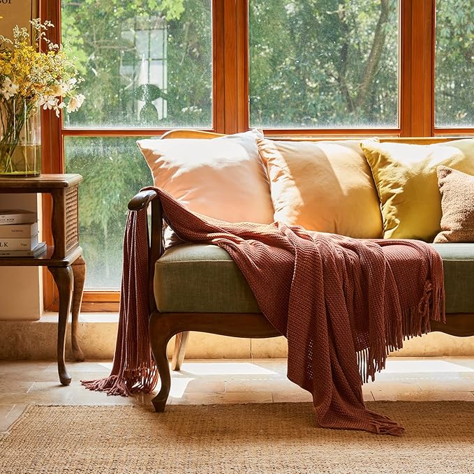 lifein Throw Blanket for Couch, Soft Boho Bed Throw,Cozy Burnt Orange Chenille Knitted Small Spring Lightweight Throw(Rust,50 * 60")
