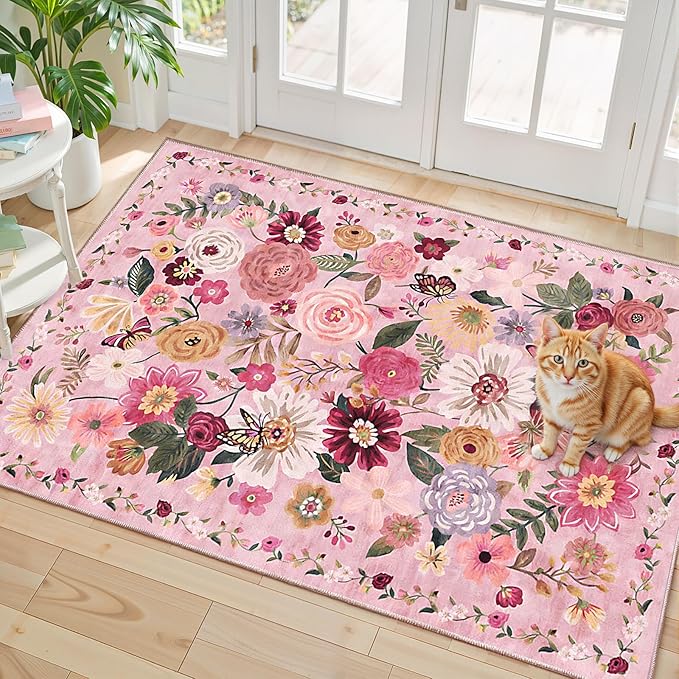 Pink Floral Rug for Entryway, 2X3 Washable Kitchen Mat Ultra-Thin Soft, Non-Slip Indoor Door Carpet Stain Resistant Boho Small Low-Pile Throw for Bathroom Bedroom (2 x 3, Pink Garden)