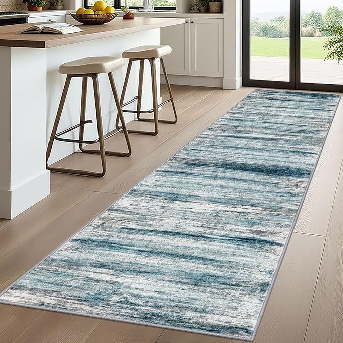 KOZYFLY Runner Rug 3x10 Modern Ombre Runners for Hallways, Washable Rugs for Bedroom Non-Slip Soft Stain Resistant Striped, Print Blue Abstract Carpet for Living/Laundry/Kid Room