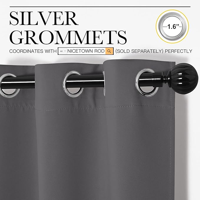 NICETOWN Bedroom Curtains Blackout Drapery Panels, Three Pass Microfiber Thermal Insulated Solid Ring Top Blackout Window Curtains/Drapes (Two Panels, 34 x 54 inches, Gray)