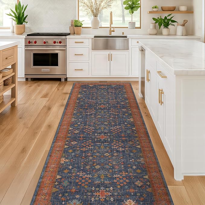 Washable 8 ft Long Runner for Kitchen Floor - Navy Blue Hallway Runner Rug, Pet Friendly Waterproof Non Slip with Rubber Backing, Stain Resistant Laundry Room Rug (2'6"x8' Navy Blue & Terracotta)