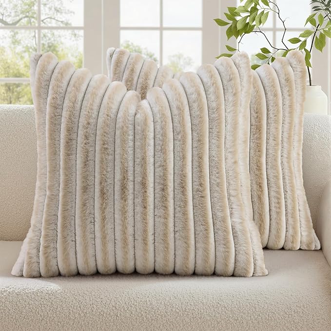 decorUhome Summer Cozy Faux Fur Throw Pillow Covers 18x18 Set of 2 Decorative Soft Plush Striped Modern Farmhouse Boho Couch Pillow Cases with Velvet Back for Sofa Bed Living Room, Beige White