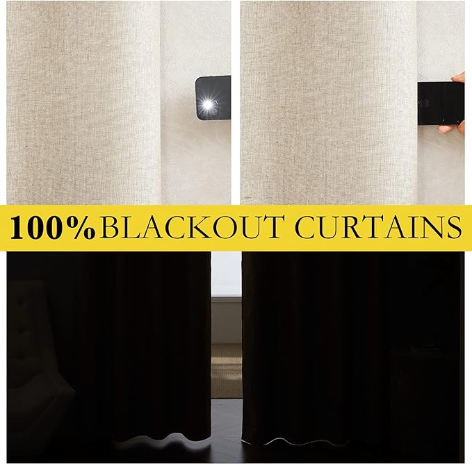 NICETOWN 100% Absolutely Blackout Linen Curtains with Thermal Insulated White Liner, Beige, W62, 2 Pieces, Noise Reducing Textured Linen Look Curtains for Windows 108 inch Length for Classroom