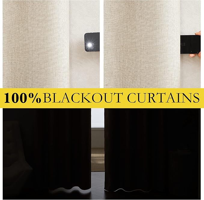 NICETOWN Linen Blackout Cold Blocking Curtains 63" Long for Classroom, Beige, Set of 2, Short Kitchen Burlap Linen 100% Blackout Drape Panels for Night Shift, Great Job for Blocking Light