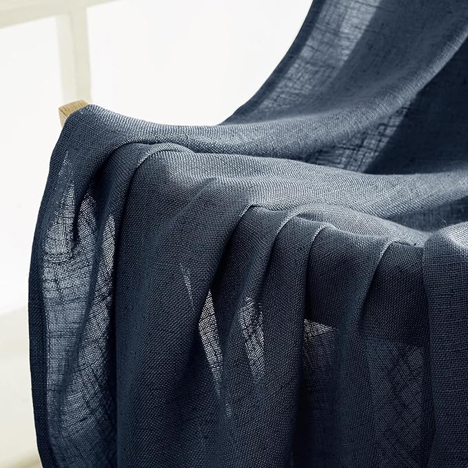 MIULEE Navy Blue Linen Curtains 84 Inch Length 2 Panels for Bedroom Living Room, Soft Thick Linen Textured Natural Window Drapes Semi Sheer Light Filtering Back Tab Rod Pocket Burlap Look Decor