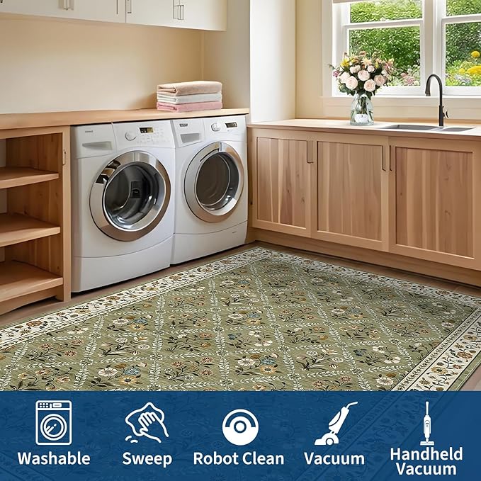 GarveeHome Living Room Rug 5x7 Rug Machine Washable Stain Resistant Area Rug Non Slip Floral Vintage Low Pile Rugs for Living Room, Bedroom, Farmhouse, Dining Room, Kids PlayroomGreen