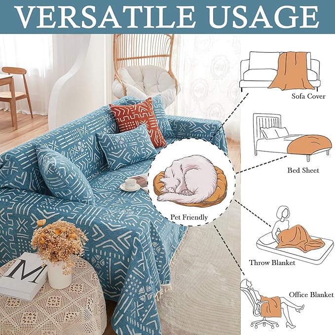 HANDONTIME Turquoise Couch Protector for Dogs Boho Tassel Blue Couch Cover Farmhouse Sofa Covers Aztec Tribal Couch Covers for 3 Cushion Couch Sofa Universal Sofa Slipcover for Home décor, 71" X118"