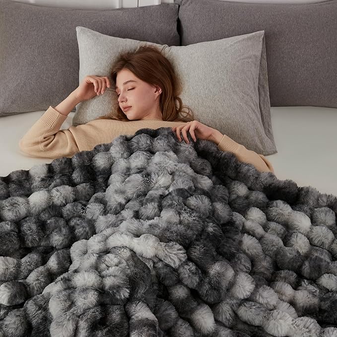 COOVA Faux Fur Throw Blanket for Couch, Cozy Soft and Fuzzy Plush Rabbit Fur Bubble Blanket for Sofa Bedroom Living Room, 50x60 Inches Tie Dye Light Grey