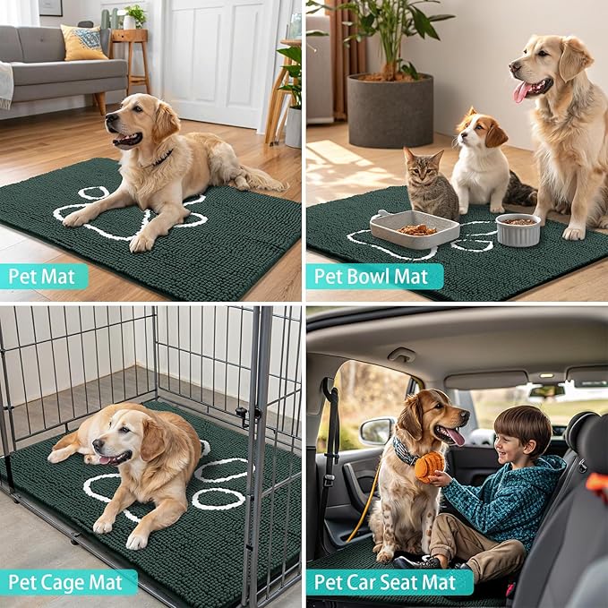 Smiry Dog Door Mat for Muddy Paws, Absorbent Dirt Trapper Non Slip Quick Dry Washable Chenille Mat for Mud Dogs, Entry Rug for Indoor and Outdoor (59x24 Inches, Green and White)